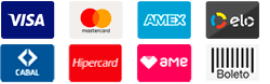 Visa, Mastercard, Amex, Elo, Cabal, Hipercard, Ame ou Boleto